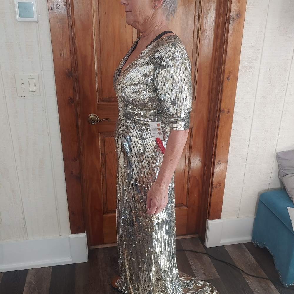 Mac Duggal Platinum Gold Silver Sequined V Neck Gown Dress Size 10 4707 - Picture 10 of 10